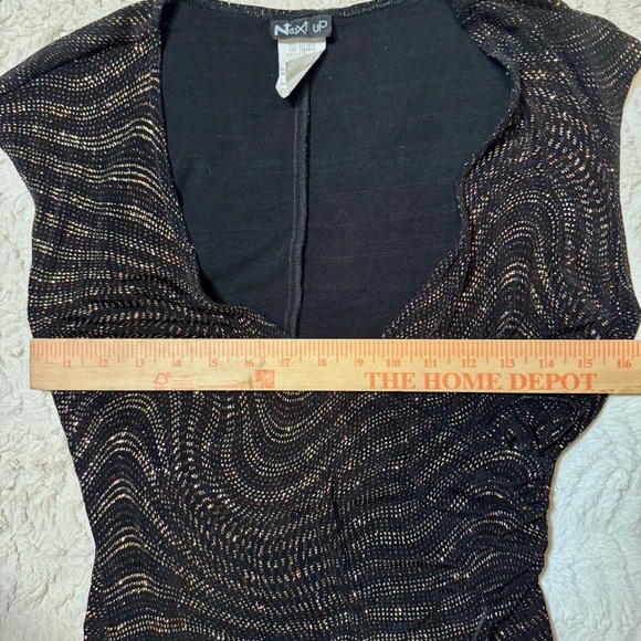 Black & Gold Glitter Wavy Pattern V-Neck A-Line Cocktail Midi Dress Y2K grail - Picture 6 of 6